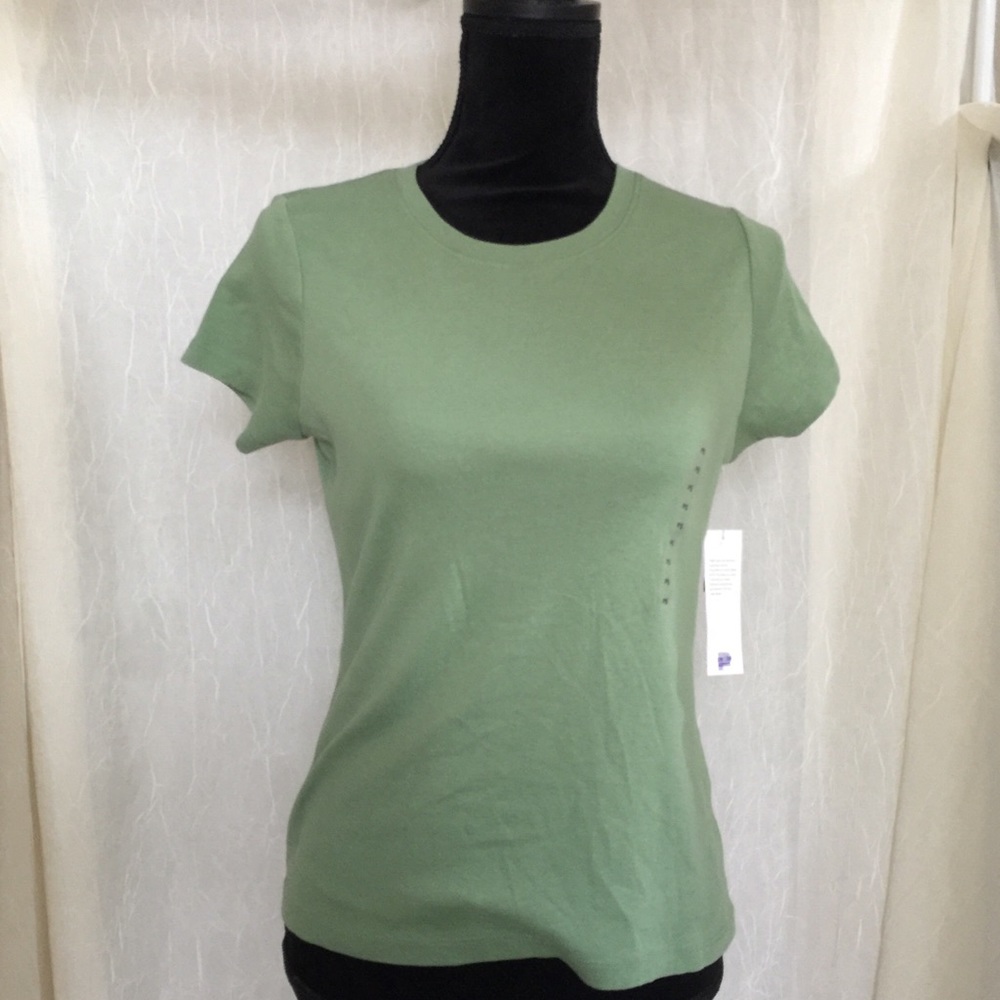 St Johns Bay Women's PS Green Ribbed Knit Short Sleeve Crew Neck Tee NWT